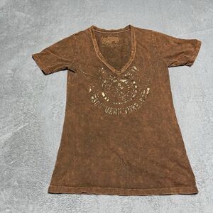 Southern Thread Womens Brown‎ Mineral Wash V-Neck Graphic T-Shirt Fleur De Lis M